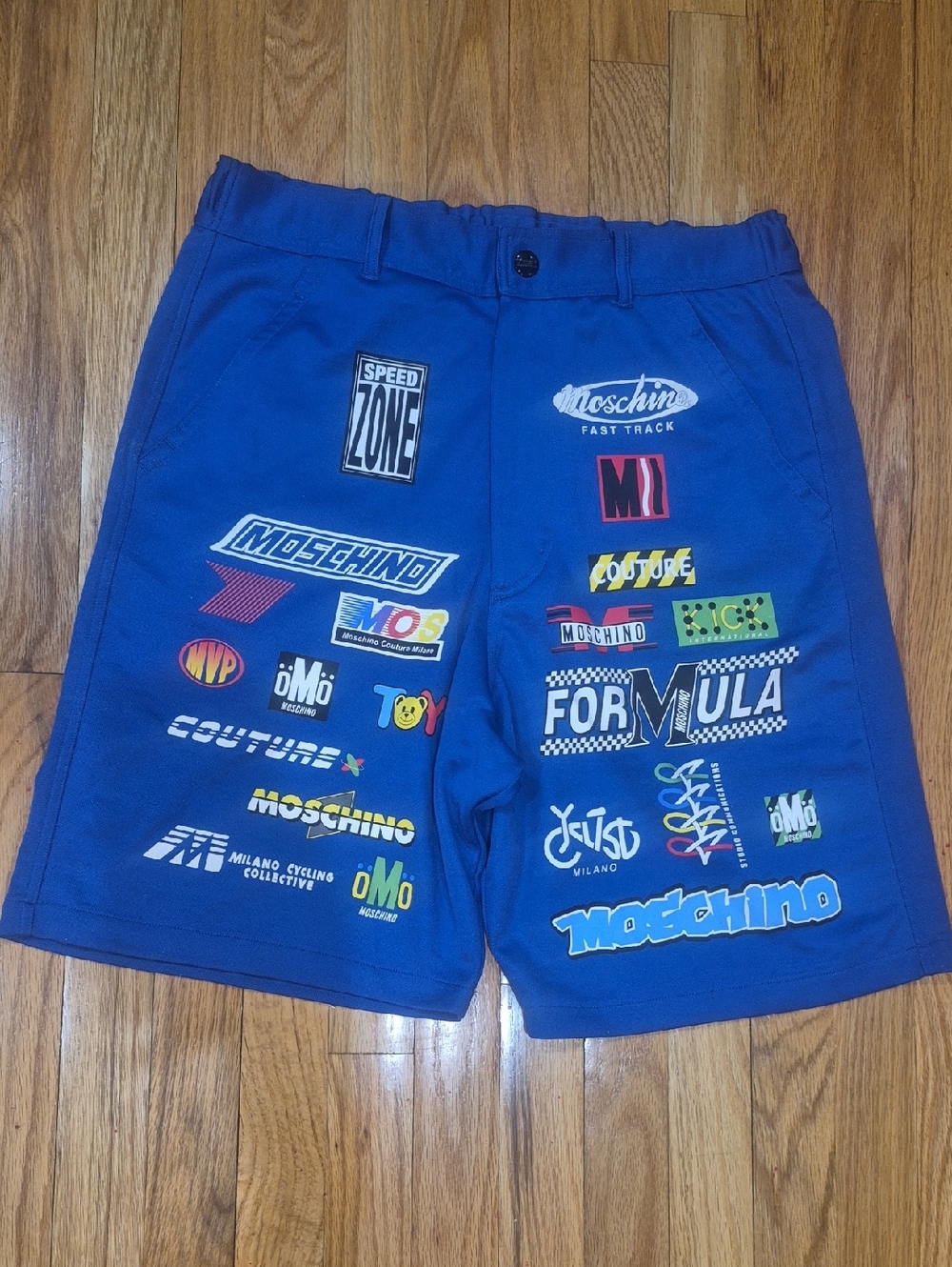 Moschino RaceCar Jersey Shorts, 30"/L, Blue/Multi Print NWT
